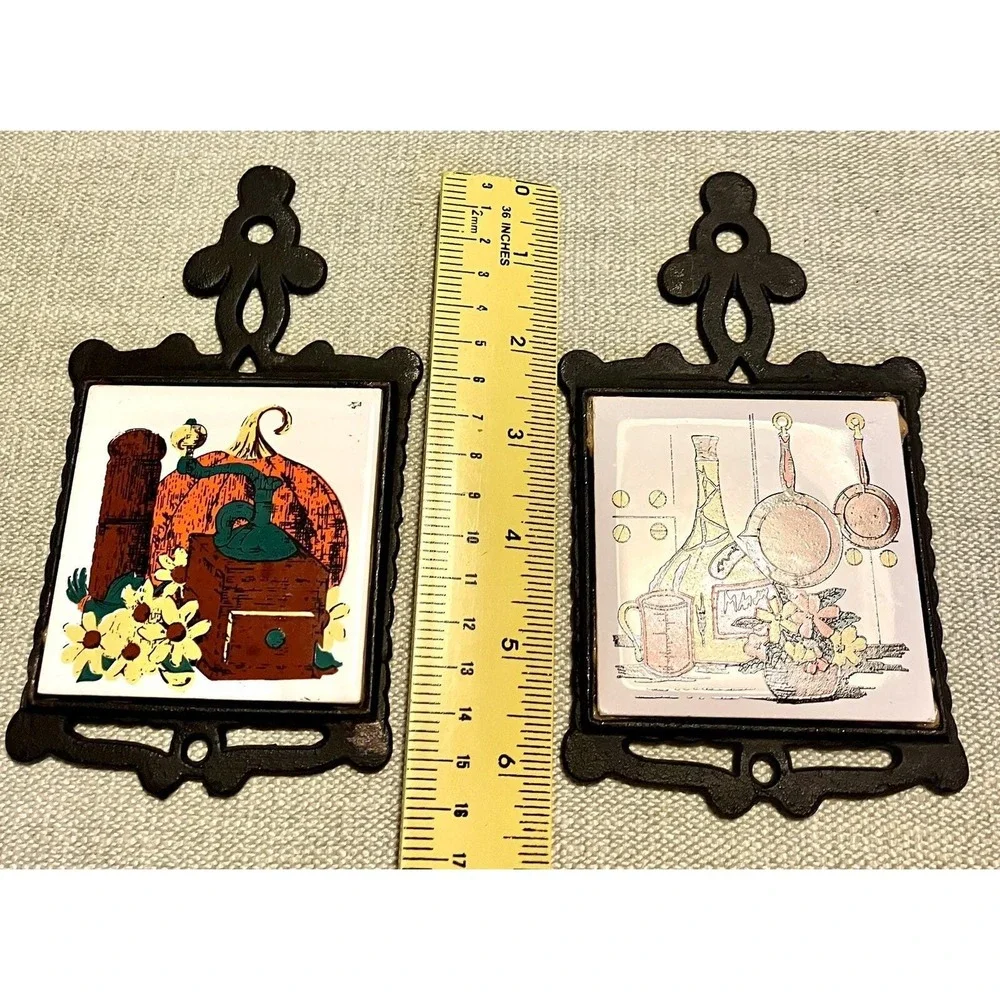Vtg Cast Iron 2 Tile Trivets Taiwan Pumpkin Coffee Grinder Daisies Copper Pans +